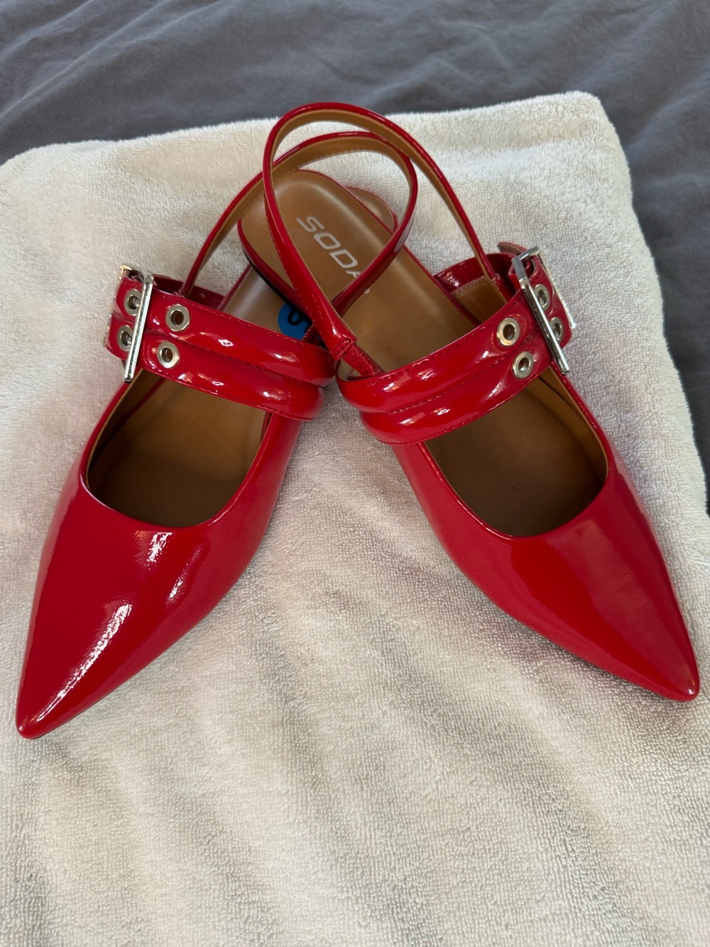 🧩 Soda Red Patent Pointed Slingback Flats with Buckle Strap